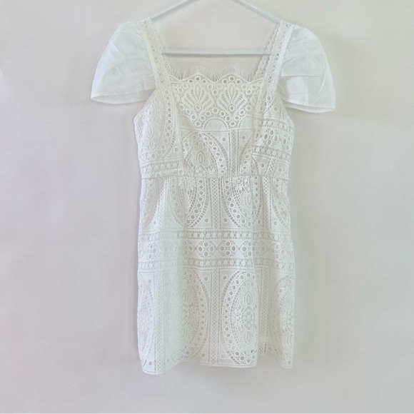 Dreamy White Lace Square Neck Puff Sleeve High Waist Bodycon Mini Dress Petite 2 - Picture 2 of 12